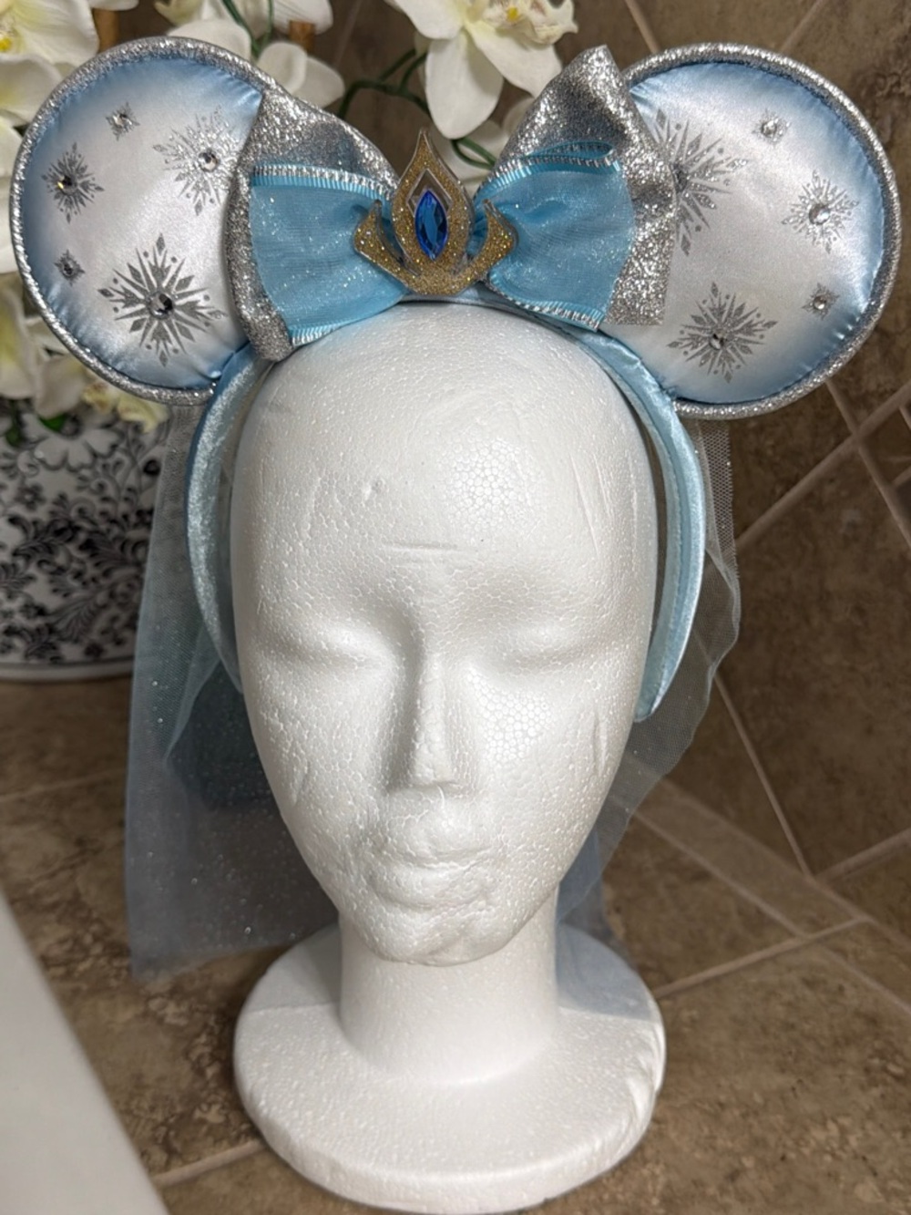 Disney Light Blue Silver Snowflake Princess Minnie Ears Headband